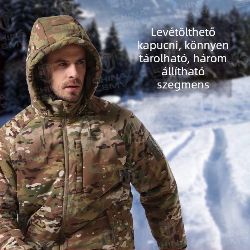 Téli kamuflázs bélelt kabát, keverék kémiai rostokból, szélálló és meleg, uniszex