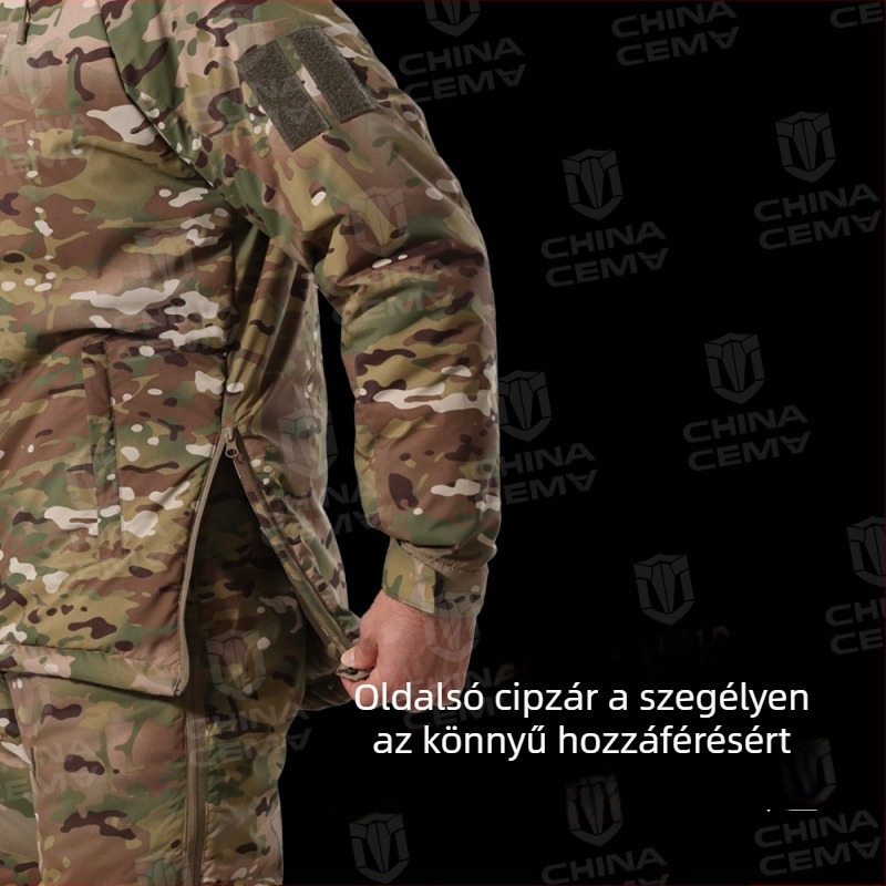 Téli kamuflázs bélelt kabát, keverék kémiai rostokból, szélálló és meleg, uniszex