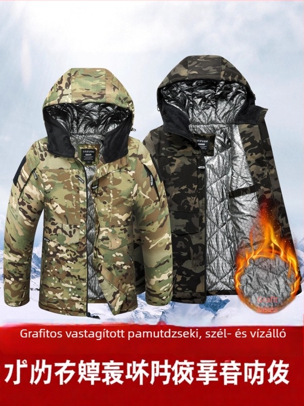 Férfi téli kamufláž pamut kabát fleece-béléssel, hosszú ujjú, vastag, tartós és meleg munkaruha