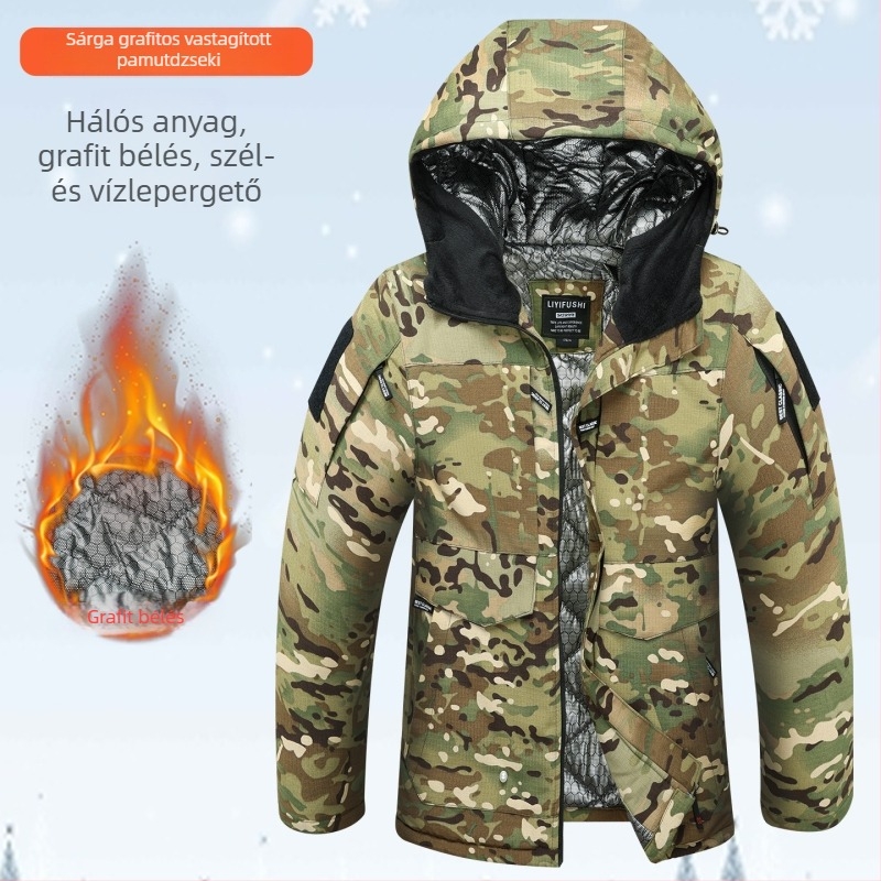 Férfi téli kamufláž pamut kabát fleece-béléssel, hosszú ujjú, vastag, tartós és meleg munkaruha
