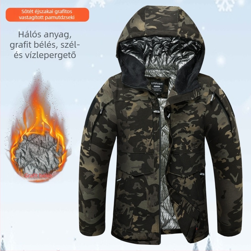Férfi téli kamufláž pamut kabát fleece-béléssel, hosszú ujjú, vastag, tartós és meleg munkaruha