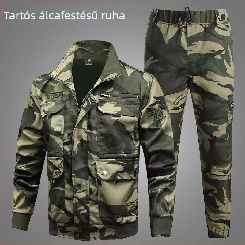 Férfi kamuflált munkaruha tavasz–őszre — megbízható munkaruha készlet dzseki és nadrág, műhely és kültéri munkákhoz