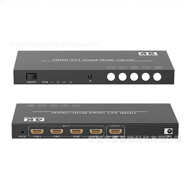 HDMI 4x1 kapcsoló/elosztó – Saji MQV-13401, 4K30Hz, távirányító és tápegység mellékelve, biztonsági megfigyeléshez