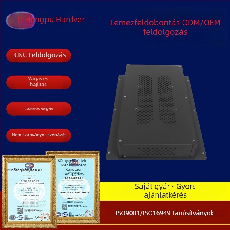 Power Amplifier tokozó – rozsdamentes acél vagy alumínium ötvözet lemez, vastagság 0.5–20 mm, NC kivágás, tolerancia ±0.05–0.5 mm, felületkezelés: permetezés