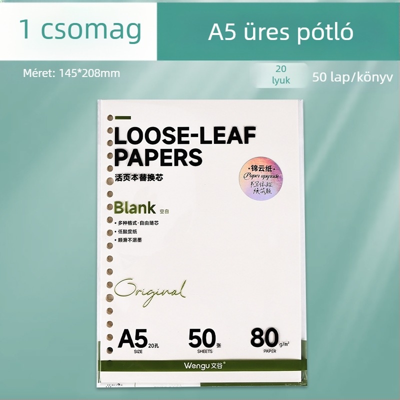 A5-ös csere belső elem 26 lyukas, rácsos papírral, üres oldalak, 50 lap