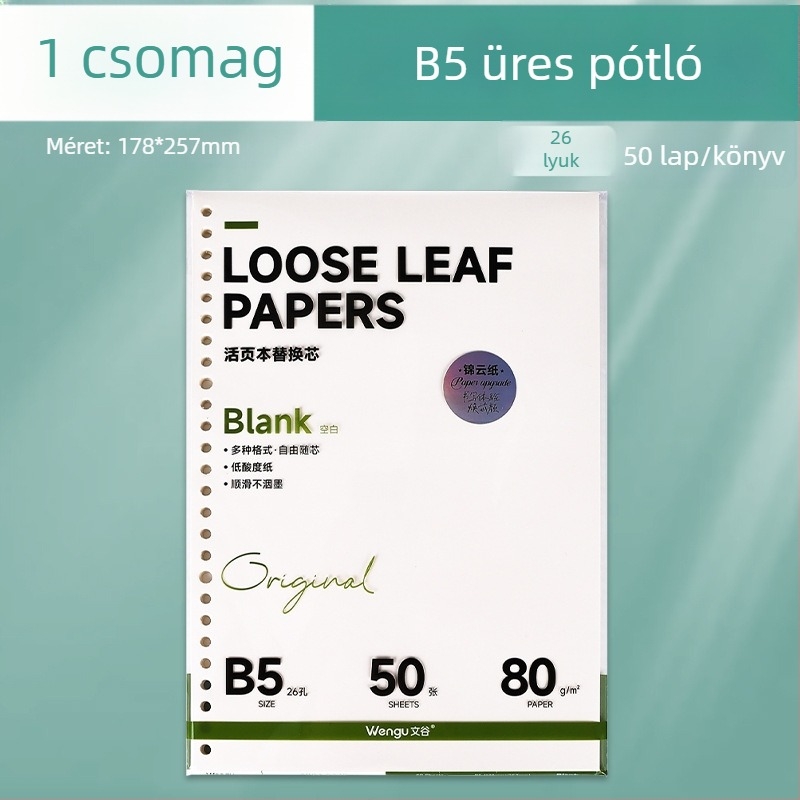 A5-ös csere belső elem 26 lyukas, rácsos papírral, üres oldalak, 50 lap