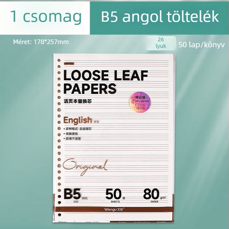A5-ös csere belső elem 26 lyukas, rácsos papírral, üres oldalak, 50 lap
