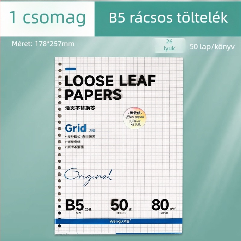 A5-ös csere belső elem 26 lyukas, rácsos papírral, üres oldalak, 50 lap