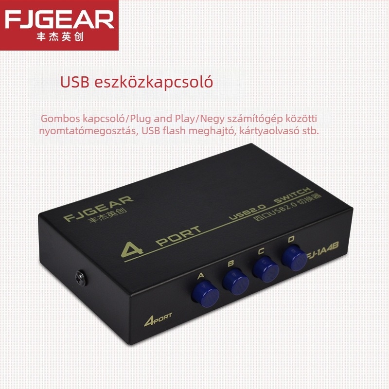 4-portos kézi USB nyomtató megosztó kapcsoló – modell FJ-1A4B, Windows 7 kompatibilis, nyomtató megosztása