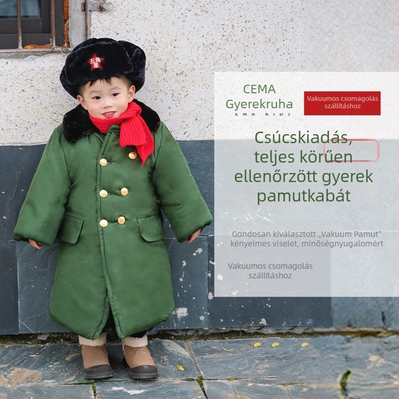 Gyerekeknek katonai stílusú pamutkabát fleece-béléssel, termális, egyszínű, téli, uniszex