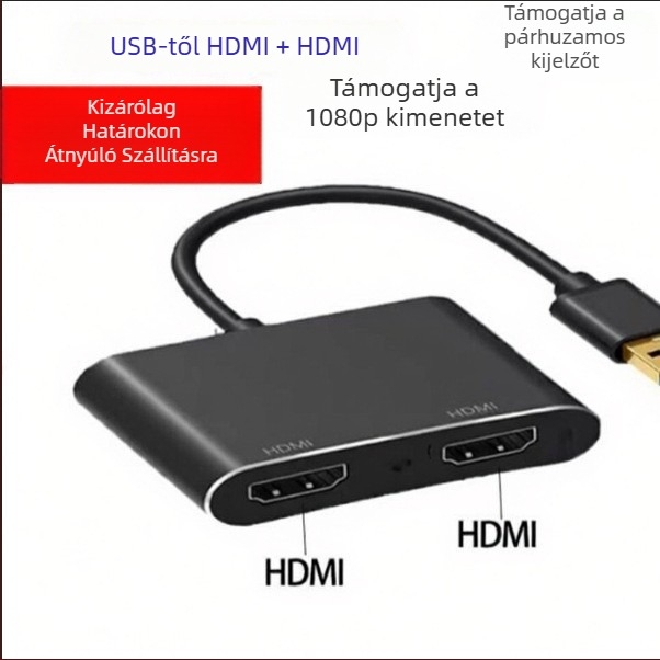 USB–ról kettős HDMI átalakító és VGA adapter, Modell Fd-h03, 2K felbontás, Windows 7-kompatibilis, 0,12 m-es kábel