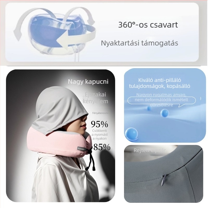 Yinwei kapucnival ellátott memóriahabos U-alakú nyakpárna utazáshoz, Ice Silk nylon anyaggal, modern minimál stílus
