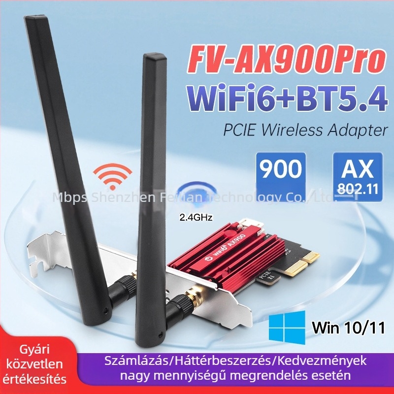 PCIe WiFi 6 hálózati kártya PCE-AX900 Bluetooth 5.4-tel, két sávú 2,4/5 GHz, 900 Mbps