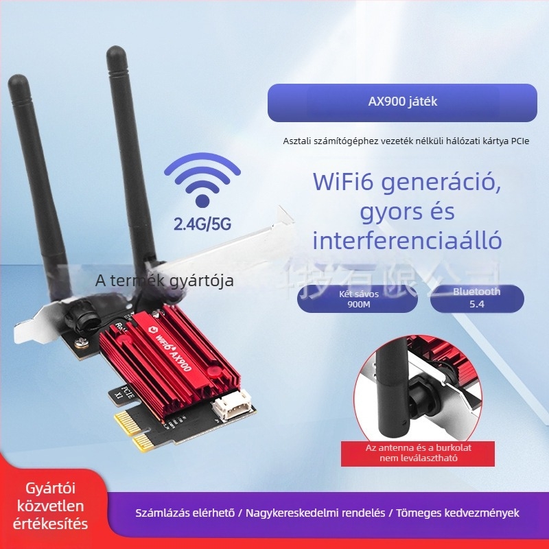 PCIe WiFi 6 hálózati kártya PCE-AX900 Bluetooth 5.4-tel, két sávú 2,4/5 GHz, 900 Mbps