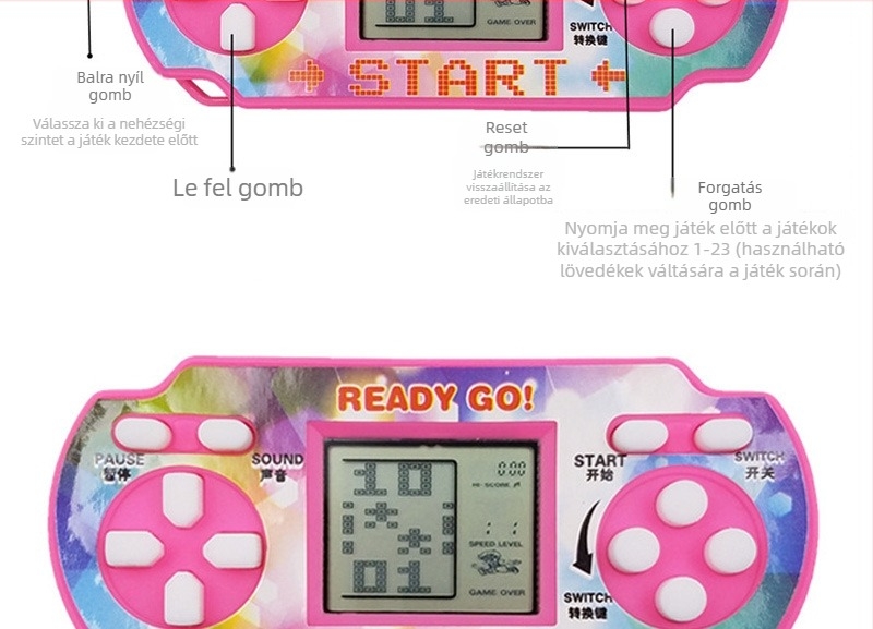 Hordozható retró játékkonzol klasszikus Tetris és puzzle játékokkal – RPG stílusú játék – nosztalgikus dizájn