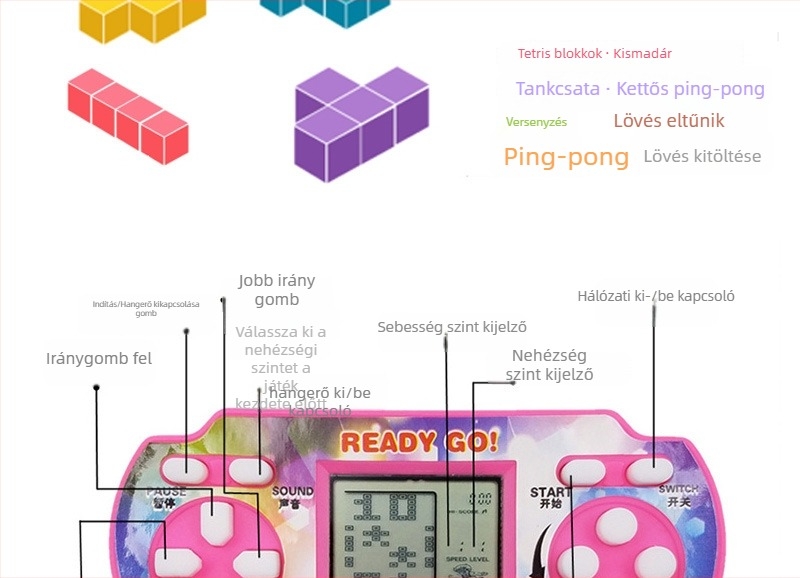 Hordozható retró játékkonzol klasszikus Tetris és puzzle játékokkal – RPG stílusú játék – nosztalgikus dizájn