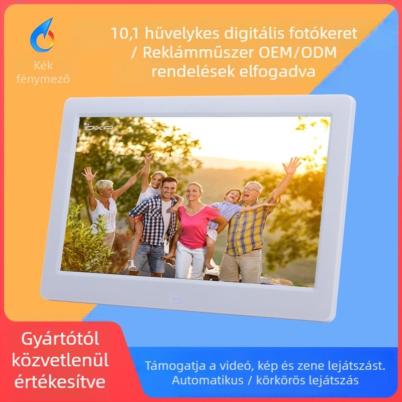 Reklámkijelzővel ellátott digitális fotókeret, 1024×600 felbontás, BMP/JPEG támogatás, SD/USB/TF kártya, zene- és videólejátszás, TV kimenet, ultra-szűk keret