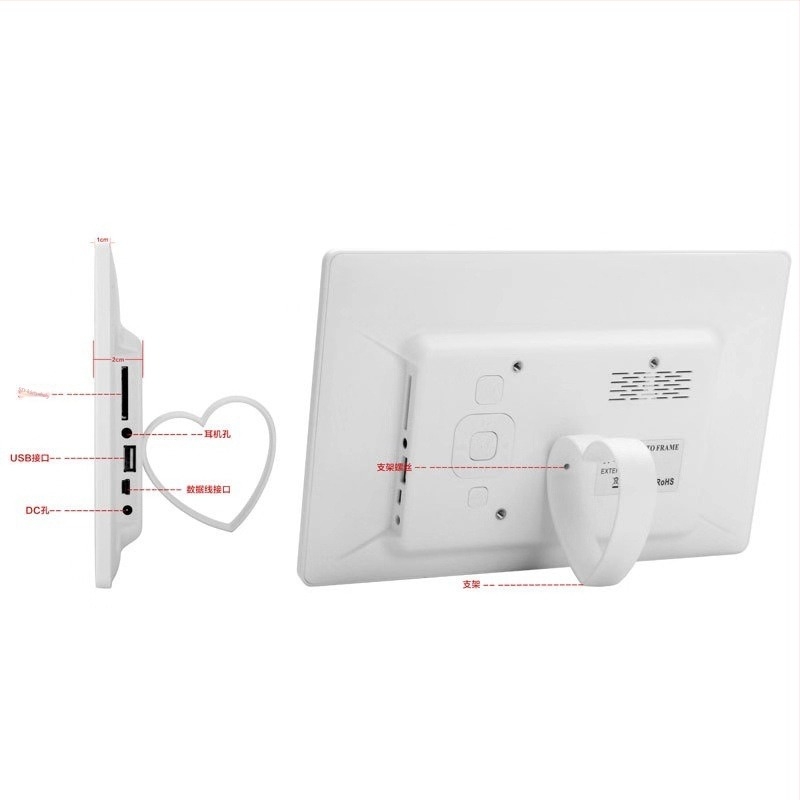 Reklámkijelzővel ellátott digitális fotókeret, 1024×600 felbontás, BMP/JPEG támogatás, SD/USB/TF kártya, zene- és videólejátszás, TV kimenet, ultra-szűk keret