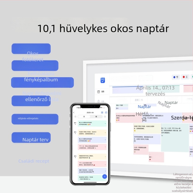 10 hüvelykes okos digitális képkeret naptárral, érintőkijelzővel és fotó-/videoátvitellel — felbontás 1024×768, 16GB, TF-kártya-támogatás, 16:9 arány, fényerő 250 lm