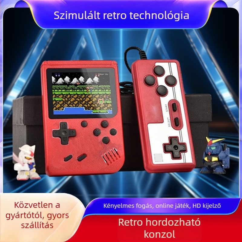 Kézben tartható retro játékkonzol 400 az 1-ben, 2 játékos helyi multiplayer, 1 GB memória, USB interfész, TV-kimenet, nosztalgikus dizájn