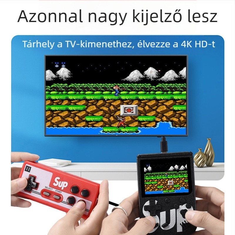 Kézben tartható retro játékkonzol 400 az 1-ben, 2 játékos helyi multiplayer, 1 GB memória, USB interfész, TV-kimenet, nosztalgikus dizájn