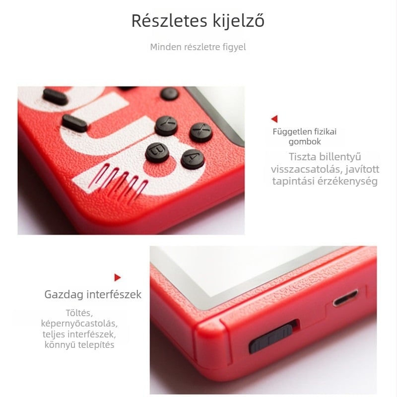 Kézben tartható retro játékkonzol 400 az 1-ben, 2 játékos helyi multiplayer, 1 GB memória, USB interfész, TV-kimenet, nosztalgikus dizájn