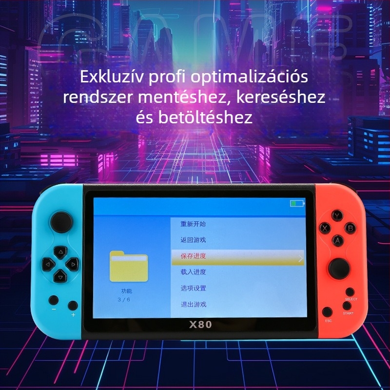 X80 hordozható retro játékkonzol RPG támogatással, eredeti játék szoftverrel, 16 GB memóriával, USB interfész és 3,5 mm audio-kimenet