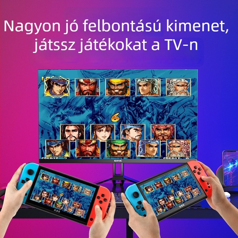 X80 hordozható retro játékkonzol RPG támogatással, eredeti játék szoftverrel, 16 GB memóriával, USB interfész és 3,5 mm audio-kimenet