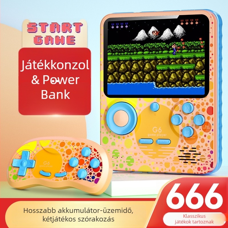 G6 666-in-1 Színes hordozható játékkonzol — Nosztalgikus retro stílus, 1 GB memória, USB interfész, Vezetékes kapcsolódás, Power Bank funkció, Támogatja 2 játékost