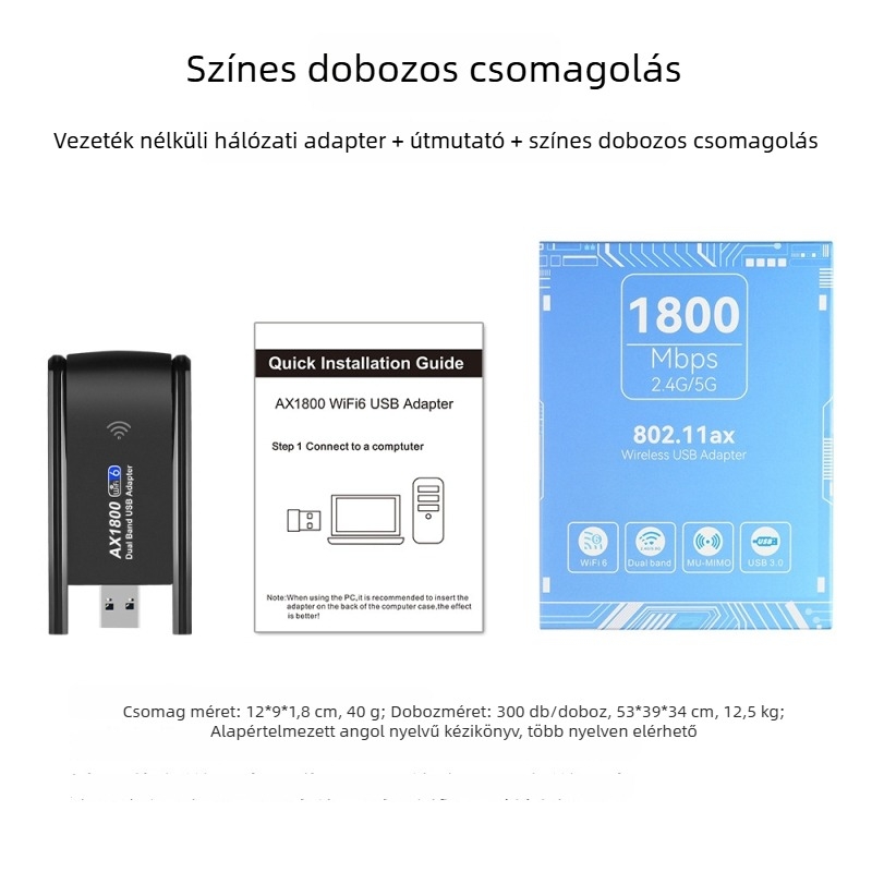 Wi‑Fi 6 USB Hálózati kártya illesztőprogram nélkül, 1800 Mbps, Dual-Band 2.4/5 GHz, USB 3.0 asztali számítógépre