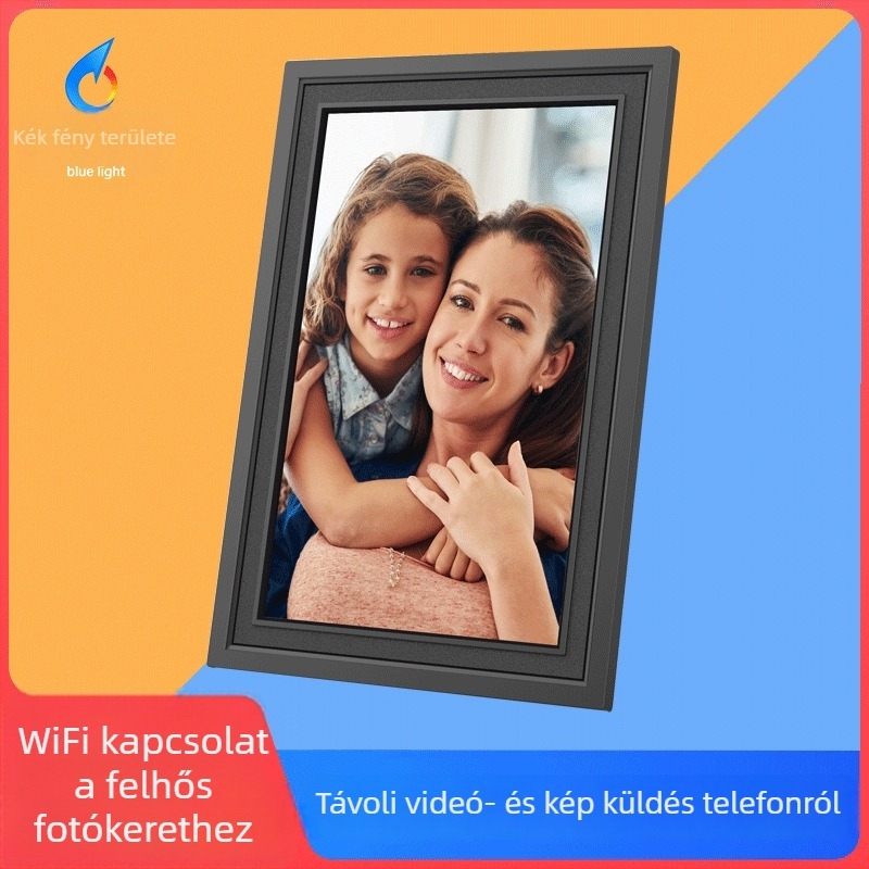 WiFi-s Digitális fotókeret telefonról feltöltéssel, 1280x800 felbontás, 16GB tárhely, SD/TF kártya támogatás, érintőképernyő, zene és videó lejátszás