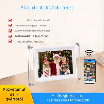 Wi-Fi-s digitális fotókeret átlátszó akrillal, 1024×600 felbontás, 8GB tárhely, videólejátszás