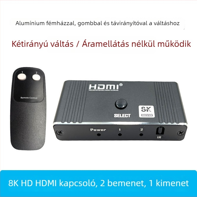 HDMI kapcsoló 2 bemenet/1 kimenet, távirányítóval, 8K60Hz, minden rendszerrel kompatibil, számítógép/TV kijelző közötti váltáshoz, 1 év garancia