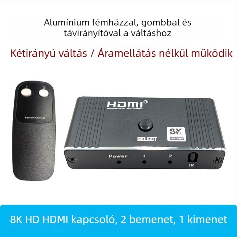HDMI kapcsoló 2 bemenet/1 kimenet, távirányítóval, 8K60Hz, minden rendszerrel kompatibil, számítógép/TV kijelző közötti váltáshoz, 1 év garancia