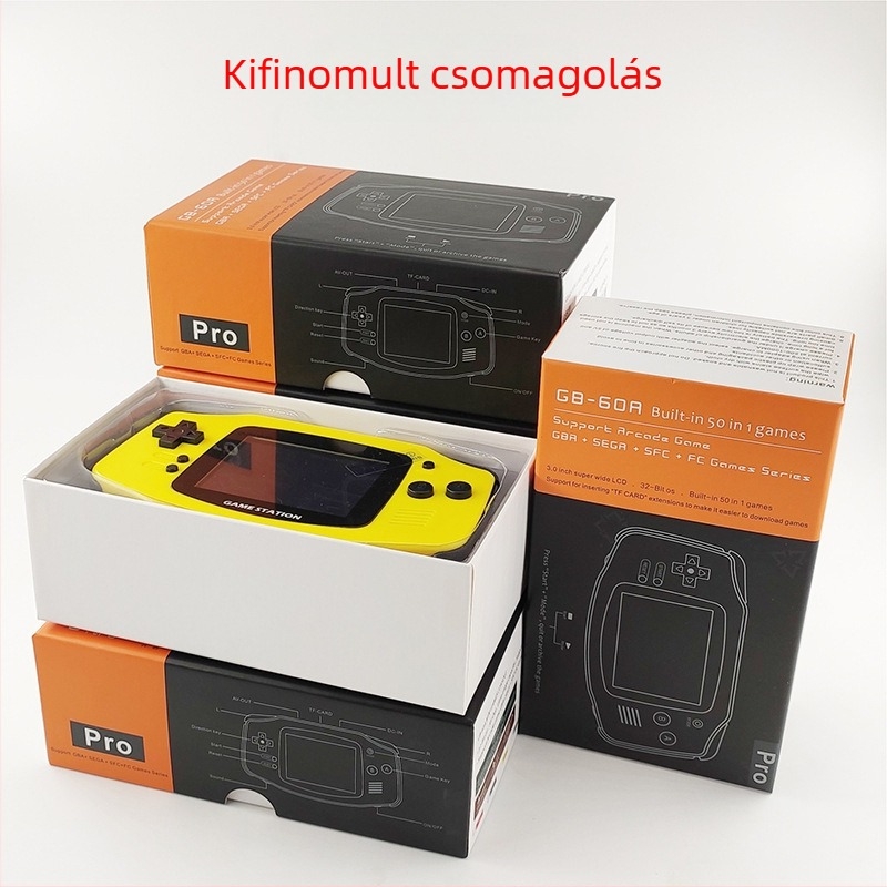 GB-60A hordozható játékkonzol négy emulátorral, TF-kártya letöltés, és 50 klasszikus játékkal beépítve — 32 bites operációs rendszer, 2 GB memória, USB interfész, AV kimenet, vezetékes csatlakozás