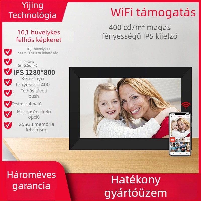 Frameo felhőalapú fotókeret WiFi-vel, 16 GB memória, TF-kártya támogatás, HD IPS érintőképernyő