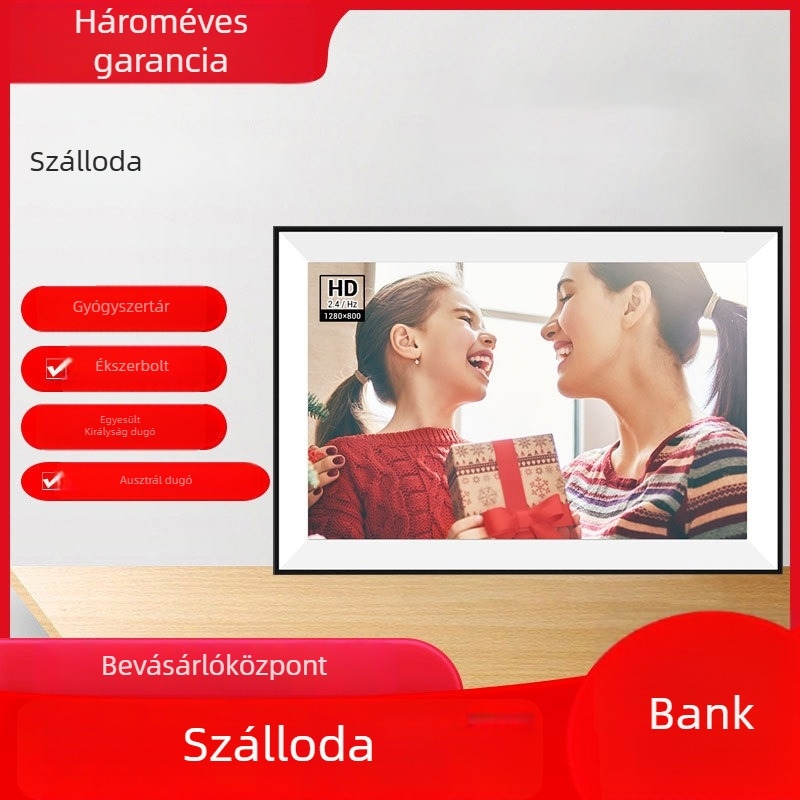Digitális fotókeret felhőalbumdal, Wi‑Fi, IPS kijelző 1280x800, 16GB tárhely, zene és videólejátszás