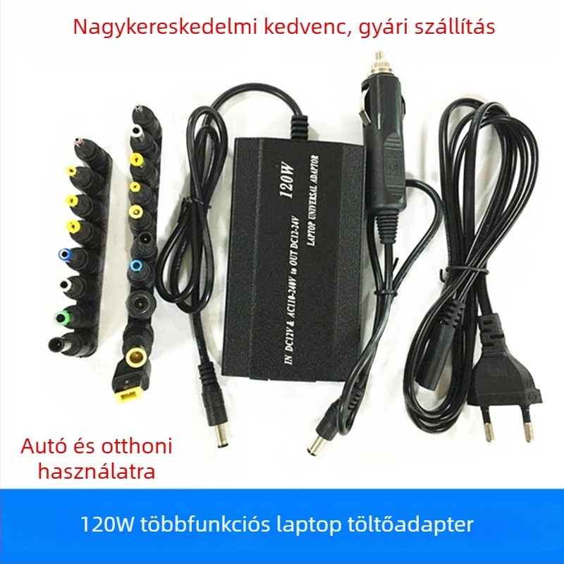 Laptophoz univerzális tápegység, 18 cserélhető csatlakozóval, 120W, kimeneti 12–24V, 4A