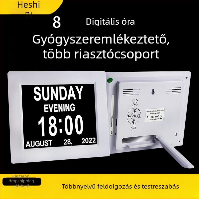 Digitális óra naptárral és idős beteg gyógyszeremlékeztetőjével, 800x600 felbontás, USB meghajtó támogatás, AMLOGIC digitális fotókeret megoldás, 300 lumen fényerő