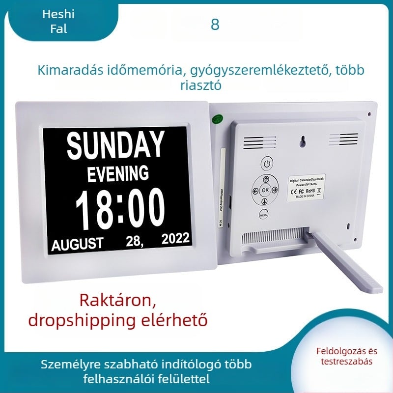 Digitális óra naptárral és idős beteg gyógyszeremlékeztetőjével, 800x600 felbontás, USB meghajtó támogatás, AMLOGIC digitális fotókeret megoldás, 300 lumen fényerő