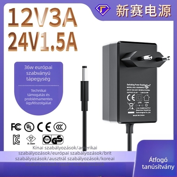 EU csatlakozós tápegység, CE tanúsítvány, kapcsolóüzemű tápegység LED világításhoz és megfigyeléshez, 12V3A és 24V1.5A, bemenet 100–240V