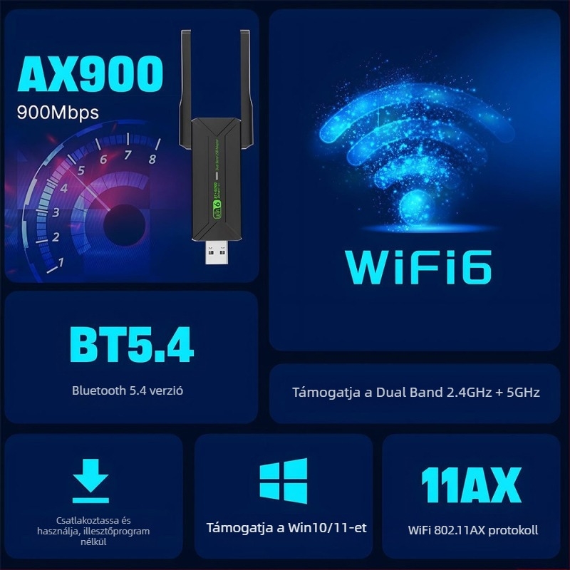 WiFi 6 USB asztali hálózati kártya Bluetooth 5.4 – AX900M, két sáv 2,4/5 GHz, 900 Mbps