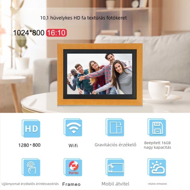 Frameo App digitális fotókeret, 1280x800 felbontás, 32GB tárhely, SD/USB/MMC kártya támogatás, videólejátszás