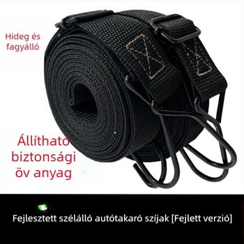 Szélálló autóponyva kötöző zsinórral, kampókkal és elasztikus rögzítő hevederrel