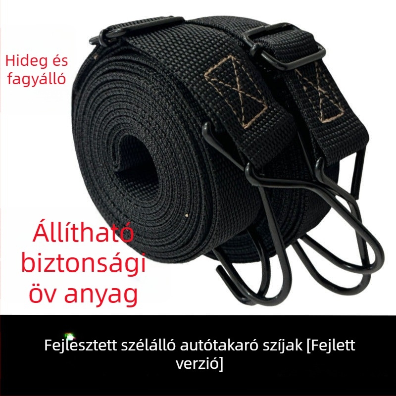 Szélálló autóponyva kötöző zsinórral, kampókkal és elasztikus rögzítő hevederrel