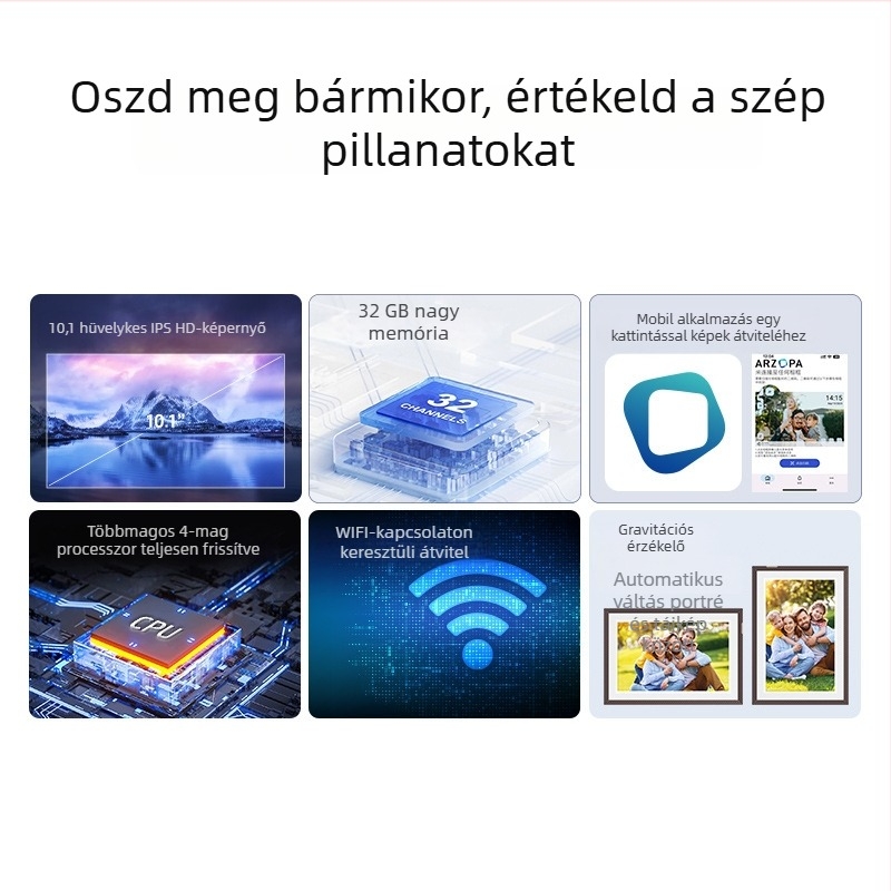 ARZOPA Digitális fotóalbum érintéses lejátszással, 1280×800 felbontás, 32GB tárhely, SD-kártya támogatás, videólejátszás, hátoldali rögzítés dizájn
