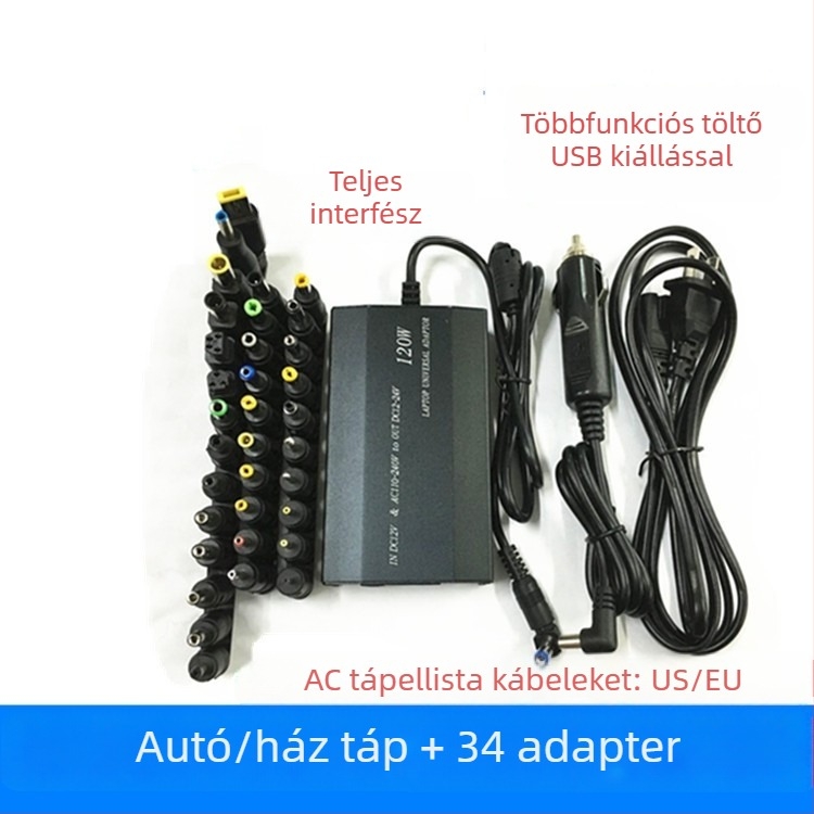 120W univerzális töltő otthonra és az autóba 34 adapterrel, kimenet 12-24V, 5A, bemenet 12-240V AC/DC
