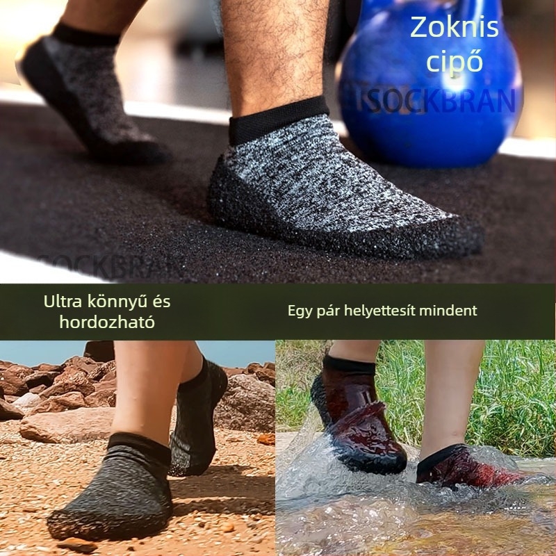 Folyómenti túracipő, könnyű slip-on, csúszásmentes, hálószövésű felsőrész, vulkanizált gumitalp, pamut belső