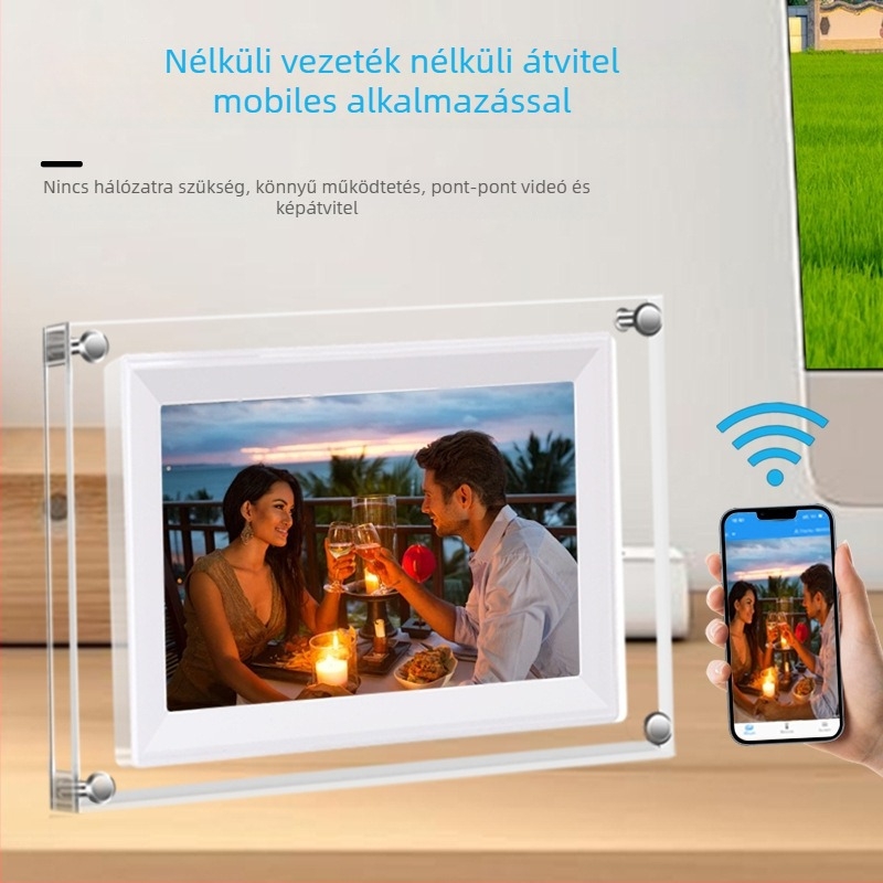 NFT akril fotókeret Wi-Fi-vel, 1024×600 felbontás, 8 GB tárhely, videó lejátszás, TF kártya támogatás
