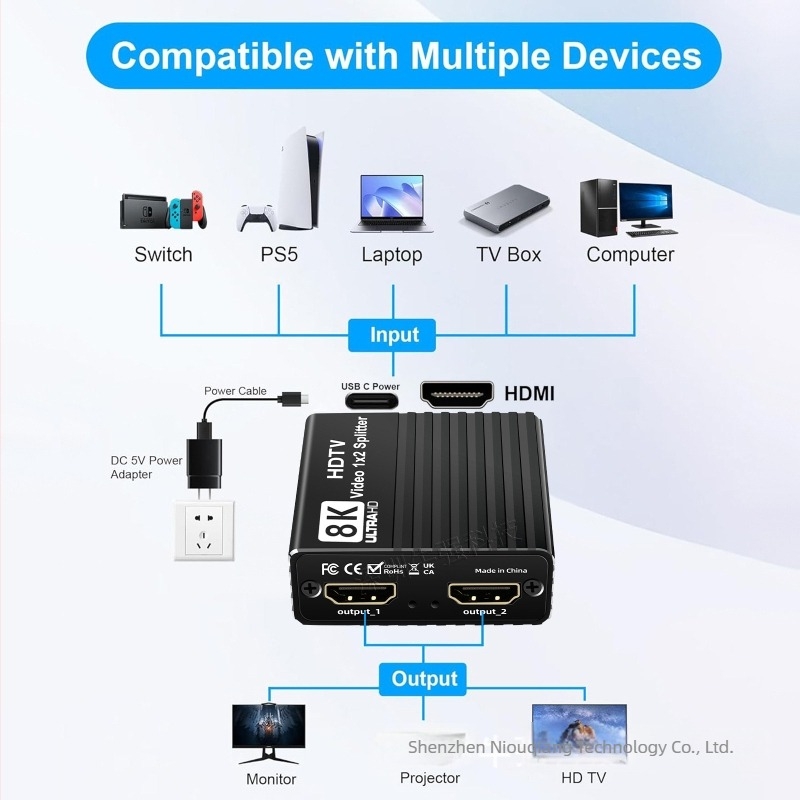 8K HDMI 1-to-2 osztó HDMI 2.1, 8K60Hz/4K120Hz/1080P240Hz, EDID magán modell
